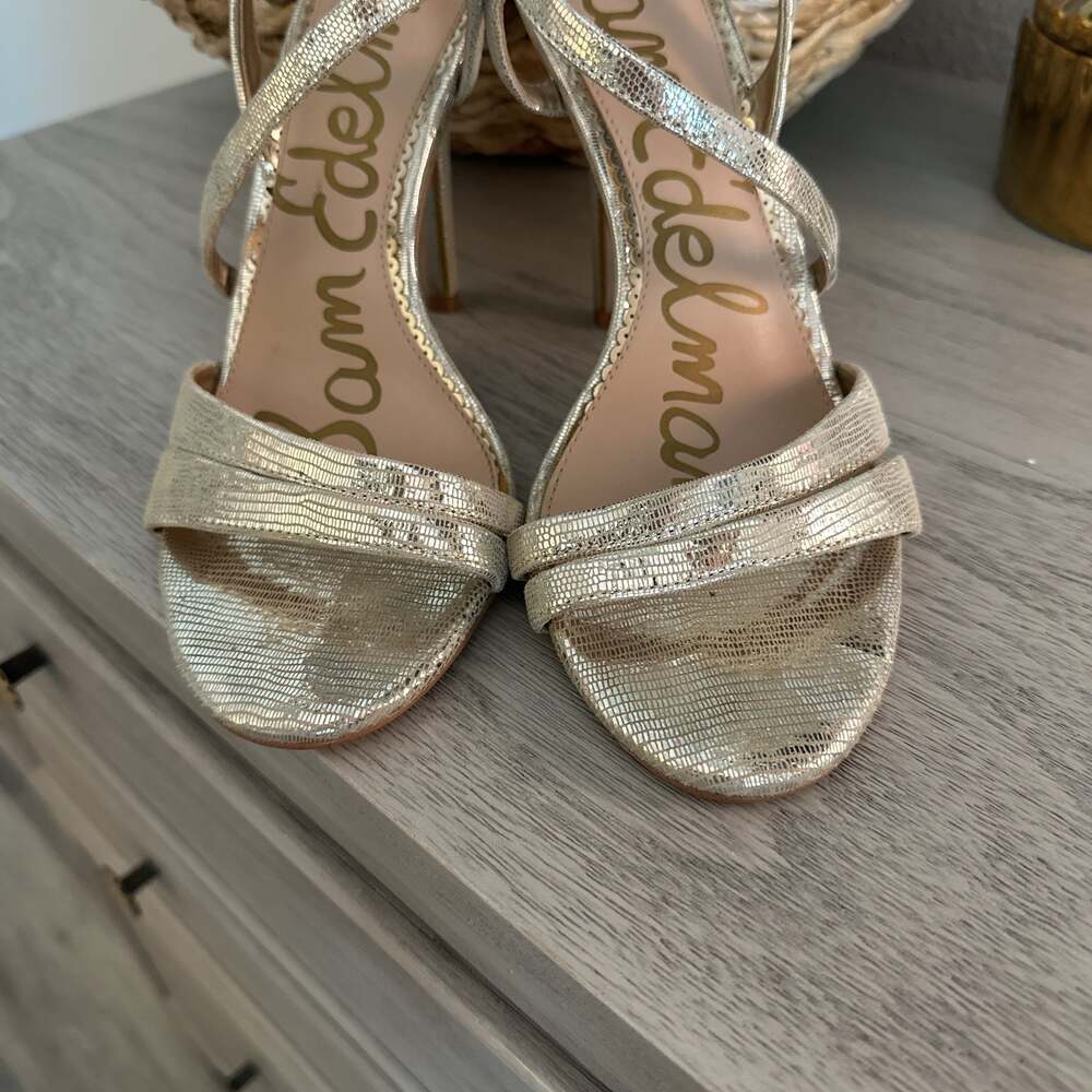 Sam Edelman Alisandra Metallic‎ Gold Strappy Stiletto Heel Sandals - Picture 3 of 7